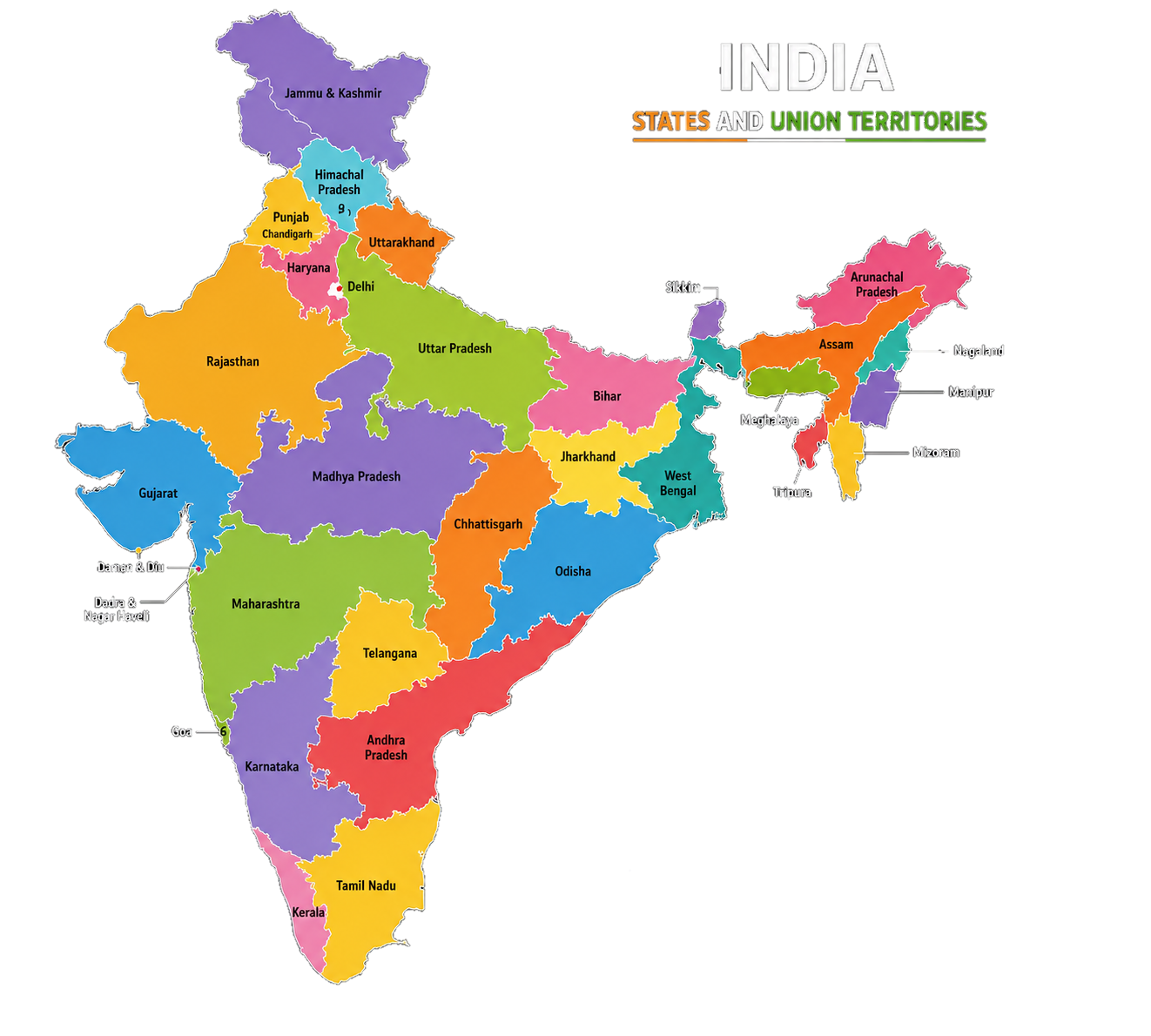 Colourful map of India showing all states and union territories covered